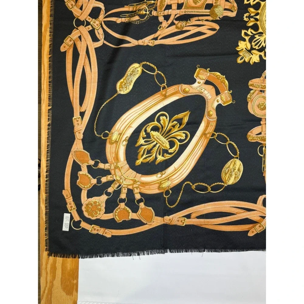 VTG Ray Strauss‎ Equestrian Scarf Black Gold Chain & Bit Fringe 46